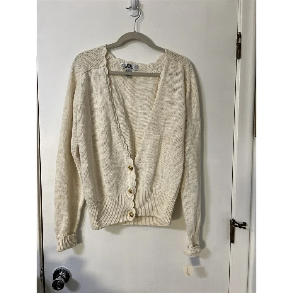 Vintage Segue  Knitted Ivory Gold  Button‎ Cardigan Sweater Sz Large